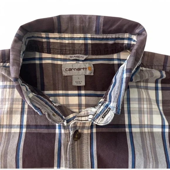 Carhartt Men’s Brown Plaid Shirt L Relaxed‎ Fit Cotton Work Casual Button Down - Picture 3 of 5